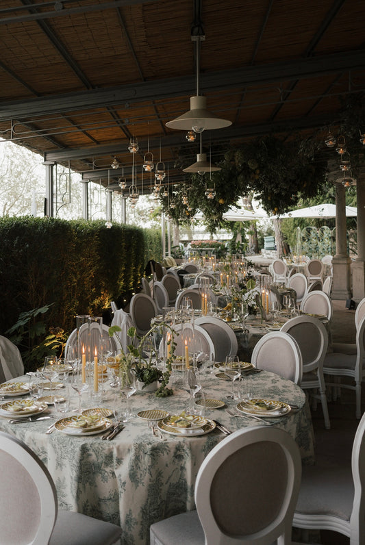 Tischdecke Muster Toile de Jouy grün/creme rund 330cm